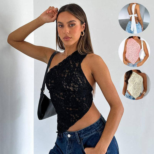 Ins Lace Backless Top Summer Solid Color Waistless Asymmetrical Sloped Neck Vest Streetwear Womens Clothes - TrendLifted