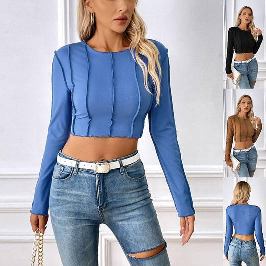 New Slim Long Sleeve T-shirt With Exposed Stitching Design Y2K Fashion Sexy Navel-exposed Short Top Womens Clothing - TrendLifted