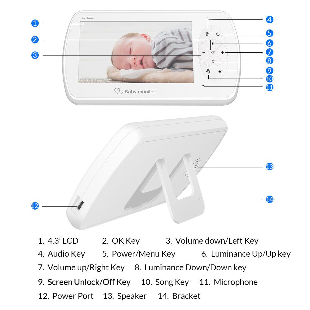 4.3 Inch Smart Baby Monitor with 1080P Camera, VOX Function, Lullabies & Crying Alarm