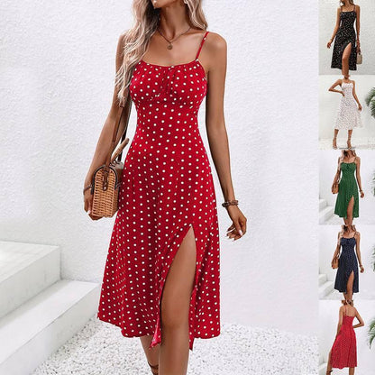 New Polka Dot Print Suspender Dress Summer Sexy Slit Long Dresses For Womens Clothing - TrendLifted