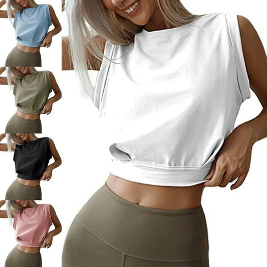 Sexy Navel-Exposed Sweatshirt Summer Loose Sleeveless T-Shirt Running Fitness Yoga Crop Tops Womens Clothing - TrendLifted