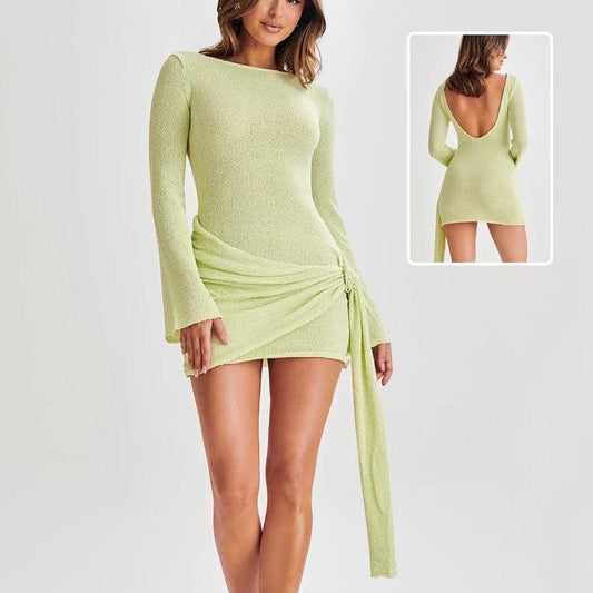 Fashion Slim Long-sleeved Dress Y2K Sexy Hip-hugging V-shaped Backless Short Dresses Womens Clothing - TrendLifted