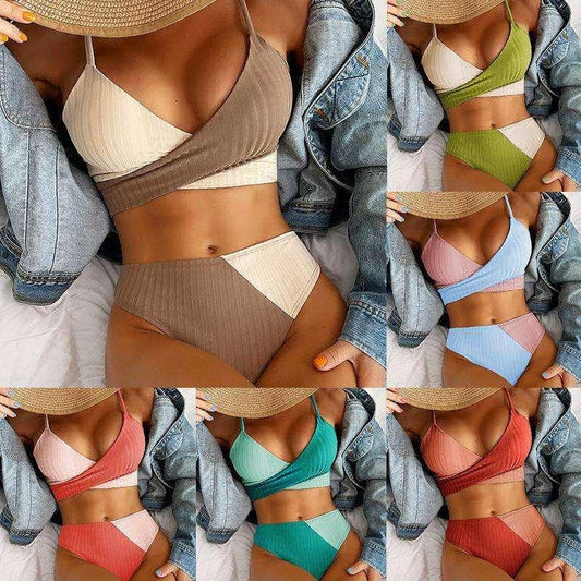 Bikini Patchwork Swimwear Ribbed Women's Swimsuit Knot Back Beachwear Ruched Butt Biquinis Bathing Suits - TrendLifted