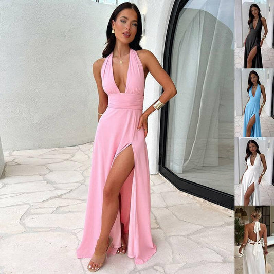 Sexy Halterneck V-neck Slit Dress Summer Backless Strappy Skirt Fashion Temperament Clothing Women - TrendLifted