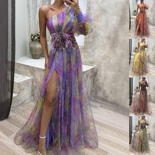 Mesh Tie-dye Printed Off-shoulder Slit Dress Summer INS Fashion Long Dress Party Womens Clothing - TrendLifted