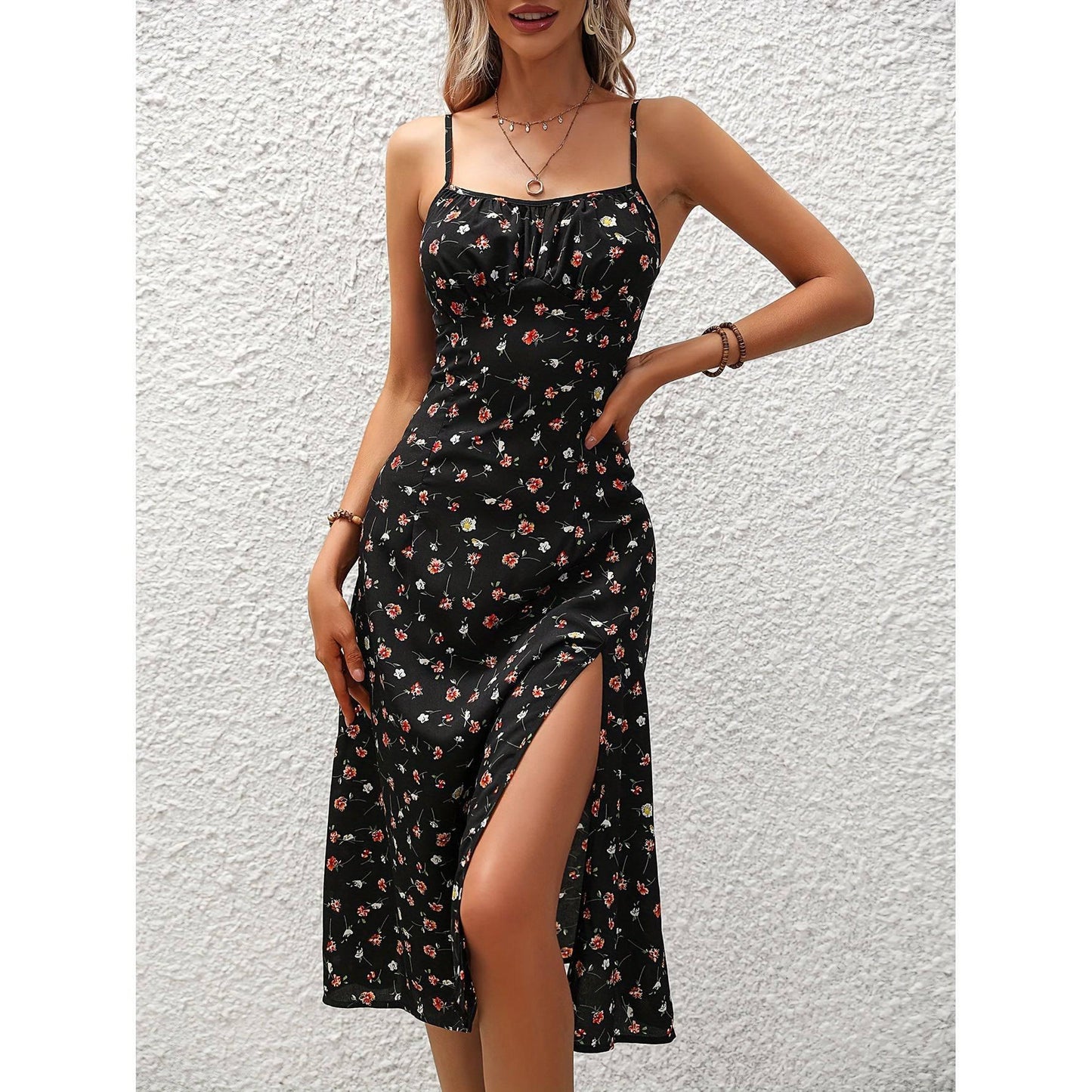 New Polka Dot Print Suspender Dress Summer Sexy Slit Long Dresses For Womens Clothing - TrendLifted