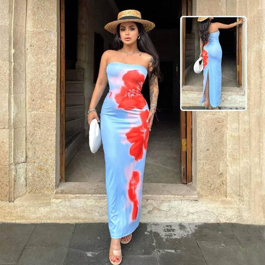 Slim Slit Tube Long Dress Summer Sexy Pint Party Beach Dresses Women's Clothing - TrendLifted