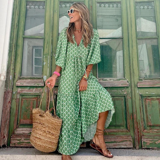 Women’s Vintage Floral Bohemian Dress – British Style V-Neck Short Sleeve Casual Long Dress in Green | Comfortable & Stylish Polyester Fabric