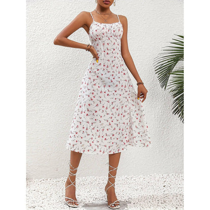 New Polka Dot Print Suspender Dress Summer Sexy Slit Long Dresses For Womens Clothing - TrendLifted