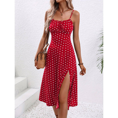 New Polka Dot Print Suspender Dress Summer Sexy Slit Long Dresses For Womens Clothing - TrendLifted