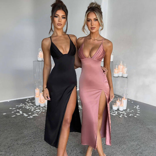 Spaghetti Strap Dress With Split Design Deep V-neck Sleeveless Backless Bodycon Party Dresses For Womens Clothing - TrendLifted