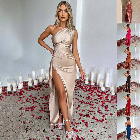 Sexy One-shoulder Backless Slit Dress Summer Elegant Slim-fit Solid Color Satin Dresses For Women - TrendLifted