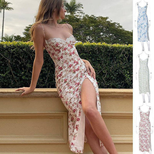 Lace Flowers Print Long Dress Sexy Fashion Slit Suspender Dress Summer Womens Clothing - TrendLifted